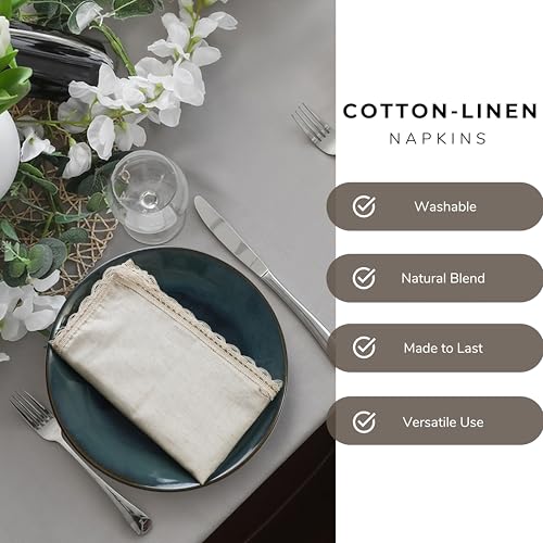 Ramanta Home Linen Cloth Napkins Set of 4, 20x20 Inches, Natural | Flax Lace Cotton Linen Reusable Decorative Scalloped Oversized Dinner Napkins with Mitered Corners for Weddings, Everyday Use