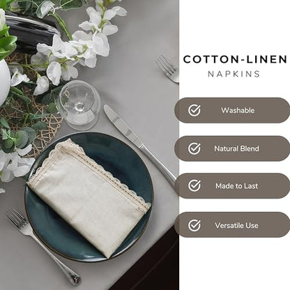 Ramanta Home Linen Cloth Napkins Set of 4, 20x20 Inches, Natural | Flax Lace Cotton Linen Reusable Decorative Scalloped Oversized Dinner Napkins with Mitered Corners for Weddings, Everyday Use