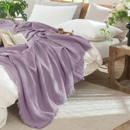 MooMee 100% Cotton Muslin Blanket, Fringed 4-Layer Gauze Bed Couch Throw | Soft Breathable Lightweight Thin Coverlet Summer Blankets for Adults, Bed & Couch All Seasons, Light Purple, 66" x 90" - color: Light Purple, size: Twin XL