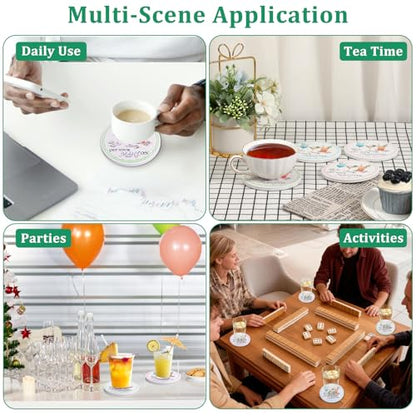 Ceramic Coasters with Holder, Mahjong Table Coasters for Drinks Set of 4 | 4x4 Inch for Most Mugs, Absorbent Round Cup Mats, Mahjong Gift and Accessories, Table Game Housewarming Party Supplies - size: 4x4 in (Style 1)