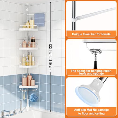Corner Shower Caddy Tension Pole: Rust Proof 4Tier Shampoo Storage Organizer for Inside Shower - Telescoping Rod Shower Rack for Bathroom and Bathtub - Restroom Floor Standing Bath Rack Holder