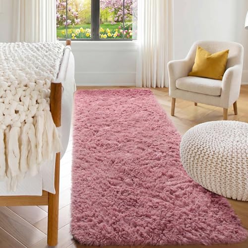 Blush Runner Rugs for Bedroom Living Room, Fluffy 2x6 Bedside Hallway Area Rug, Ultra Soft Plush Furry Faux Fur Non Slip Floor Carpet for Nursery Kids Dorm Closet Home Decor Aesthetic - color: Blush, size: 2' x 6' (Runner)