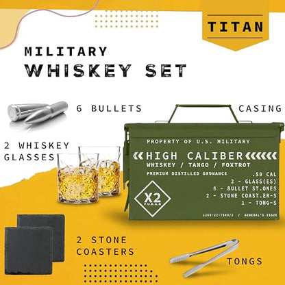 Whiskey Glasses and Stones in Unique Tactical Box Display | Bourbon Cocktail Cups, Coasters and Tongs | Gifts for Men | Glass Set