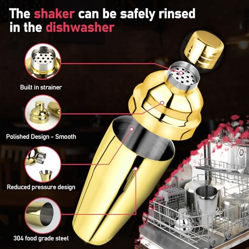 24oz Cocktail Shaker Set Martini Shaker Set Bartender Set | Professional 18/8 Stainless Steel Bar Tools with Margarita Mixer Drink Shaker, Measuring Jigger and Mixing Spoon (Gold) - color: Gold