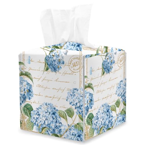 Hydrangea Tissue Box Cover Square, Watercolor Flower Contemporary Floral Cube Tissue Box Holder, Tabletop Decor Leather Paper Organizer Dispenser for Bathroom Home Car Night Stand Living Room/20 - color: Hydrangea/01
