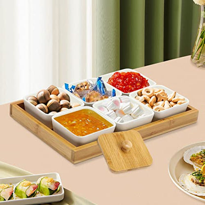 Ceramic Divided Serving Dishes with Bamboo Platter, 6 Piece Ceramic Snack Serving Tray&Fruit Tray, Platter Fruit Candies Condiments Food Bowls, with Wooden Serving Tray and Lids, for serving fries