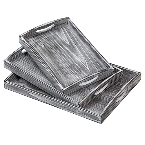 Farmhouse Rustic Wood Nesting Dinning Breakfast Serving Trays with Wood Handles, Set of 3,Can Put Food, Fruit, Plates｜Ottoman Decorative Coffee Table Tray(WhiteGrayish) - color: Whitegrayish