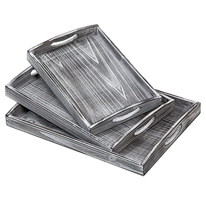 Farmhouse Rustic Wood Nesting Dinning Breakfast Serving Trays with Wood Handles, Set of 3,Can Put Food, Fruit, Plates｜Ottoman Decorative Coffee Table Tray(WhiteGrayish) - color: Whitegrayish