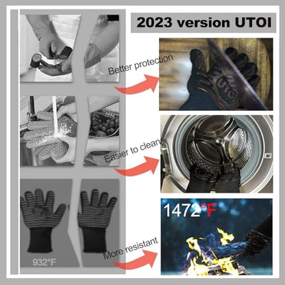 BBQ Grill Gloves, 1472°F Heat Resistant Barbecue Gloves Oven Mitts, Silicone Non-Slip Cooking Gloves for Kitchen, Grilling and Baking, EN407 Certified, 13 inch Long, Black, XL Size - color: Black Bbq Gloves
