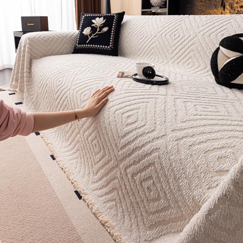 ROOMLIFE Couch Cover 3 Cushion Sofa, Washable Non Slip Furniture Sofa Protector Cover, Soft Chenille Sofa Slipcovers Sectional L Shape Dogs Couch Cover Throw Blanket with Tassels 71''X118'' - color: Hg01#beige, size: Large（71*118IN）