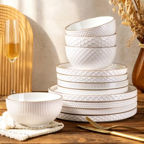 GBHOME Stoneware Dinnerware Set for 4, 12 piece Farmhouse Plates and Bowls | Elegant Embossed Ceramic Dish Set, Scratch Resistant, Microwave & Dishwasher Safe, Off white - color: Off white-Stackable