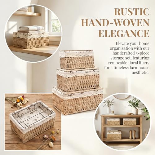 Storage Baskets with Lids, Set of 3 Wicker Baskets with Lids, Shelf Baskets Multipurpose Container, Large Wicker Basket Cube Storage Bins with Liners for Bedroom, Living Room, Bathroom