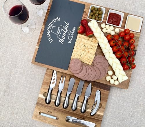 Custom Acacia Wood Charcuterie Board Set with Slate & Knives – Personalized Cheese Board Wedding Gift, Housewarming, Bridal Shower & Thanksgiving Present for Couples - color: Design #19