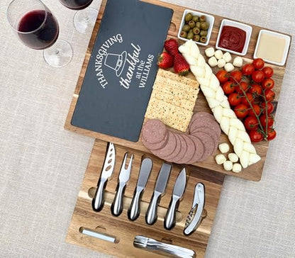 Custom Acacia Wood Charcuterie Board Set with Slate & Knives – Personalized Cheese Board Wedding Gift, Housewarming, Bridal Shower & Thanksgiving Present for Couples - color: Design #19
