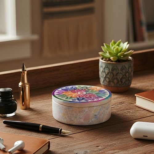 Ajuny Small Jewelry Box Handmade Marble Soapstone Mandala Trinket Holder | Handcarved Round Container for Rings, Keepsakes, Dresser Accent, Shelf Display, and Gifting 3 x 3 x 1.2 inch