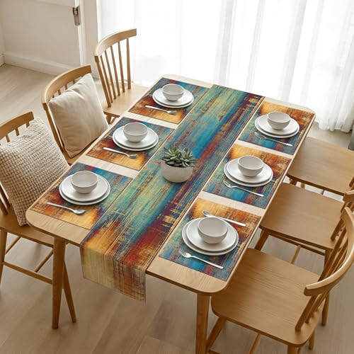 Blue and Orange Table Runner and Placemats Set of 6 Farmhouse Washable Linen Place Mats Rustic Abstract Art Table Decor for Kitchen Dining Coffee Outdoor Party (Orange and Blue, 13"x71"+12"x18") - color: Orange and Blue