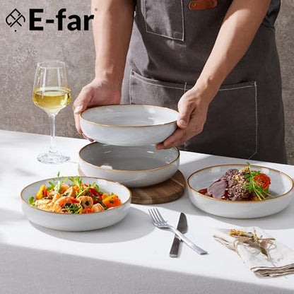 E-far Stoneware Pasta Bowls Set of 4, 35oz Double Reactive Glaze | Wide & Shallow Ceramic Pasta Plates for Serving Salad Soup Dinner, Dishwasher & Microwave Safe, Seashell White - color: Seashell White