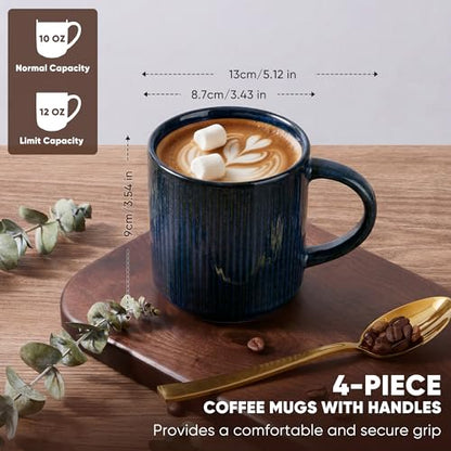 E-far Coffee Mugs Set of 4, 12 oz Stoneware Coffee Cups with Handle for Latte, Tea, Cocoa, Milk, Modern Ribbed Ceramic Mugs for Man Woman, Microwave & Dishwasher Safe, Midnight Blue - color: Midnight Blue