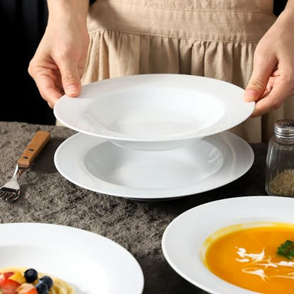 Ceramic Soup Bowls Shallow Plates, Halloween 4 Pack White Dinner Bowls Plates, Porcelain Wide Rim, 8.5" (8.5 oz) Shallow Bowls Ideal for Soup Dessert Salad and Pasta, Microwave and Dishwasher Safe - color: Round8.5"