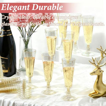 GuanQiao 100 Pack Plastic Champagne Flutes, 5.5 OZ Disposable Plastic Champagne Glasses with Gold Glitter, Wine Glasses Cups for Wedding Celebration Party Wine Tasting New Years Eve Supplies - color: Gold Glitter, size: 100-Pack