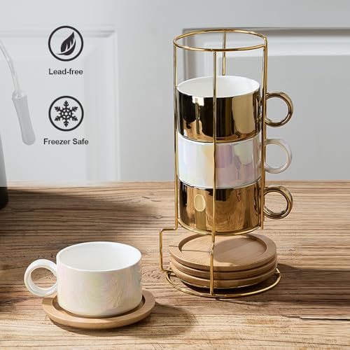 LUKA Porcelain Espresso Cup with Saucers and Metal Stand - 6 Ounce Stackable Ceramic Demitasse Espresso Mugs Cappuccino Cups Set for Latte, Coffee, Cafe Mocha, Tea - Set of 4,Shimmer Golden - color: Shimmer Golden & White