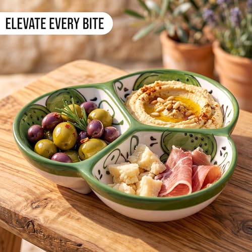 3-Compartment Ceramic Serving Dish, Handmade in Spain | 7.5” divided chip and dip bowl with lead-free glaze, microwave, oven and dishwasher safe, ideal for tapas, snacks and sauces - color: Cactus Green