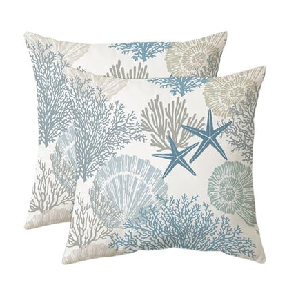 Coastal Pillow Covers Set of 2, 22x22, Blue | Soft Velvet Touch, Beach Nautical Starfish Ocean Themed, Decorative Pillow Cases for Bedroom Living Room Sofa - size: 22" x 22" (Pack of 2)