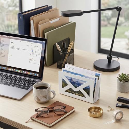 MyGift White Metal Desktop Mail Holder with Cutout Envelope Design Home and Office Desk Letter Organizer - color: White