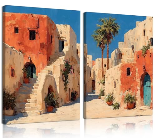 GYYLGYY 2 Pcs Modern Mediterranean Country Cityscape Canvas Wall Art | 12x16 Inch Framed Artwork Sunny Outdoor Scene Posters Prints Mediterranean Village Boho Wall Decor for bedroom and Office - color: Mediterranean Town Wall Art, size: 16"L x 12"W
