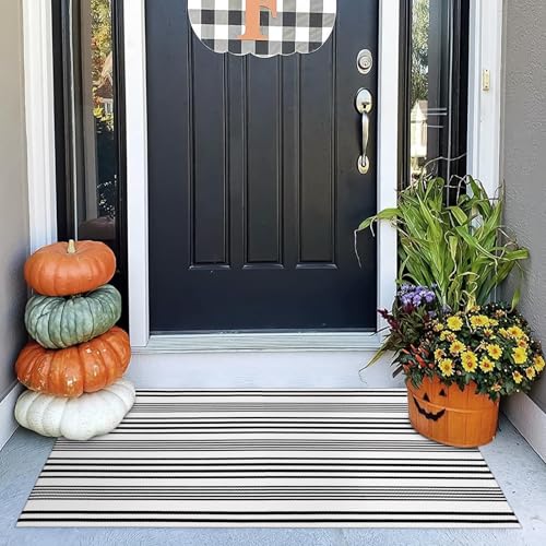 Black and White Outdoor Rug 24"x51" Front Door Mat Fall Porch Decor | Machine Washable Outdoor Doormat Woven Front Porch Rug Indoor Door Mat Entryway Striped Rugs for Farmhouse/Kitchen/Entrance - color: White/Black Stripe, size: 2' x 4'4" (Rectangular)