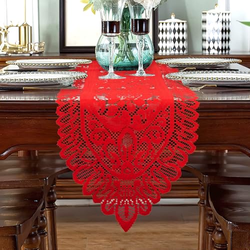 Christmas Table Runner Red Christmas Runner for Table Lace Table Runner Crochet Lace Table Runner Laces Runner Dresser Scarf Rectangular Laces Doilies for Christmas Wedding Home Dining Table Decor - size: 13 x 54 Inch, style: Red