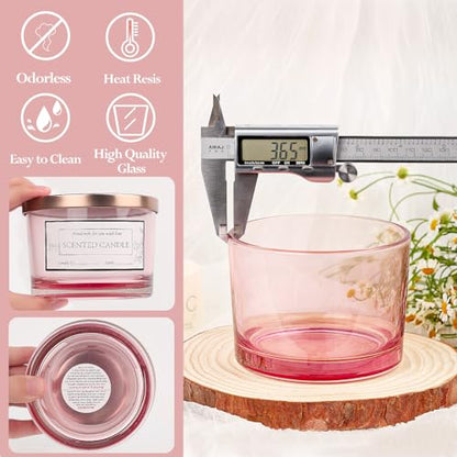 CONNOO 6 Pack 16oz Pink Wide Mouth Glass Candle Jars | Come with Metal Lids Sticky Warning Labels and a Candle Wick Kit for Candle Making- Dishwasher Safe - color: 6 Pack-Shiny Pink