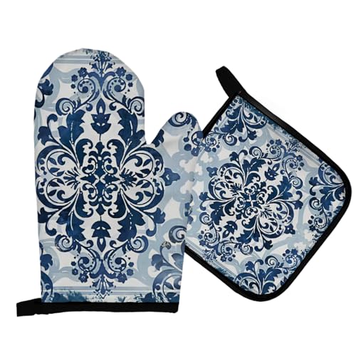 Mingnei Blue Porcelain Floral Oven Mitts and Pot Holders Set, Heat Resistant Hot Pads for Cooking Baking BBQ, Chinoiserie Flower Oven Glove Set Kitchen Decor Gifts - color: Blue Porcelain-1