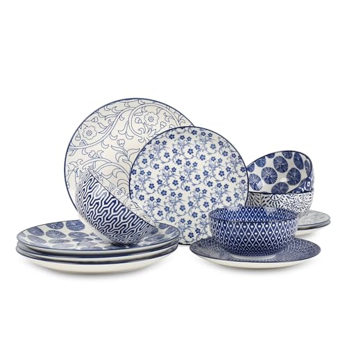 Selamica Ceramic Dinnerware Sets, 12 pcs Plates and Bowls Sets,Vintage Blue | Scratch Resistant Dishes set for 4, Dishwasher & Microwave Safe - color: Vintage Blue, size: 12 Pieces