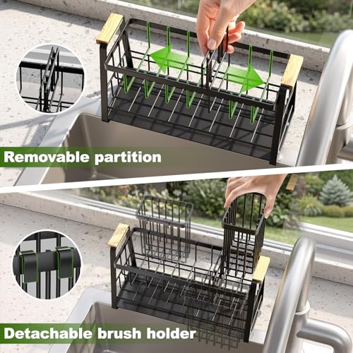 Housolution 2-Tier Sponge Holder for Kitchen Sink Caddy with Brush Holder | Auto-Draining, Suction Cups, Wooden Handle , Kitchen Sink Countertop Organization Storage, Dish Soap Holder, Rustproof, Black - color: Black