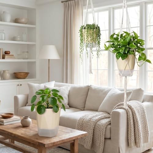 MIPON 3 Size Self Watering Hanging Planters with Macrame Plant Hanger | 2-in-1 Desktop & Hanging Baskets, With Drainage, Indoor Outdoor Plants, Boho Home Decor