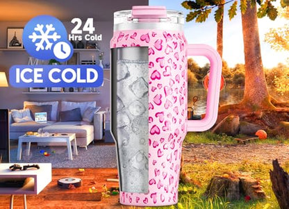 Meoky 32 oz Tumbler with Handle, Insulated Tumbler with Lid and Straw, Stainless Steel Travel Mug, Keeps Cold for 24 Hours, 100% Leak Proof, Fits in Car Cup Holder (Love) - color: Love, size: 32 Ounces