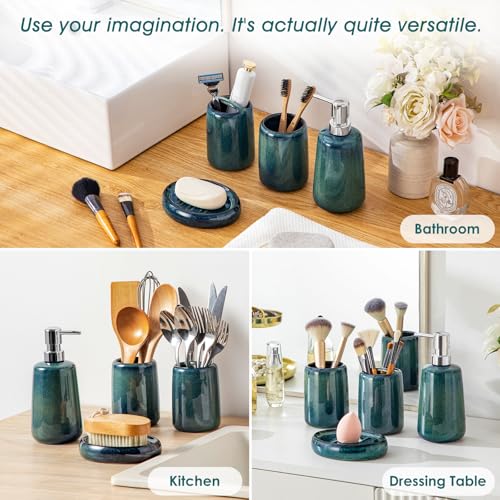 vancasso Green Bathroom Accessories Set, Ceramic Soap Dispenser and Toothbrush Holder Sets, Stoneware 4 Pcs Bathroom Sink Set for Modern Home Decor, Series Starry - style: Green