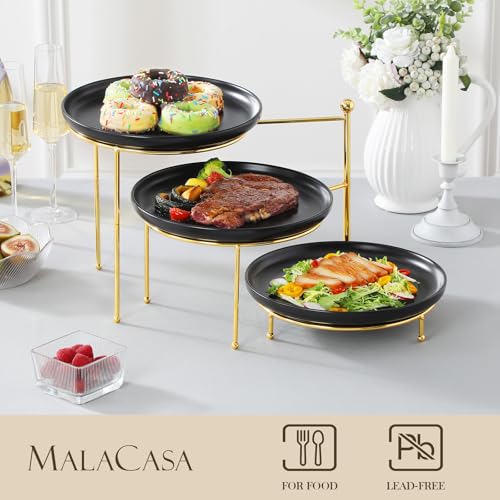 MALACASA Round 3 Tier Serving Tray, 10 Inch Black Porcelain Dessert Stand | Round Black Porcelain Trays with Gold Metal Rack for Cupcakes, Cakes, Fruit and Appetizers, MIcrowave,Dishwasher Safe - color: Black Gold