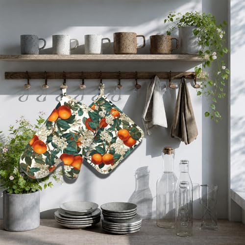 Oranges Leaves Oven Mitts and Pot Holders Sets White Flowers Silicone Heat Resistant Kitchen Oven Gloves Pot Holder for Cooking Baking Grilling BBQ - color: Oranges Leaves