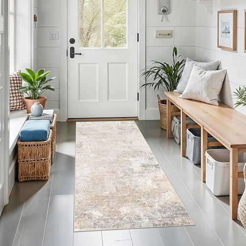 2x5 Washable Kitchen Rug Runner – Non-Slip Abstract Modern Neutral Small Rug for Bathroom, Hallway, Bedroom, Laundry Room, Entryway – Soft Low-Pile Thin with Rubber Backing (Beige Grey, 2x5) - color: Beige Grey, size: 2' x 5' (Rectangular)