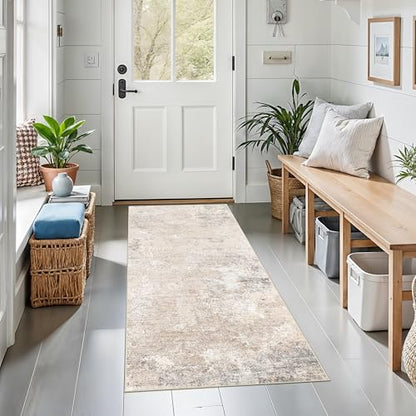2x5 Washable Kitchen Rug Runner – Non-Slip Abstract Modern Neutral Small Rug for Bathroom, Hallway, Bedroom, Laundry Room, Entryway – Soft Low-Pile Thin with Rubber Backing (Beige Grey, 2x5) - color: Beige Grey, size: 2' x 5' (Rectangular)