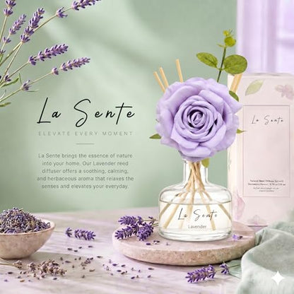 Lavender Reed Diffuser Set 8.5oz / 250ml | Long Lasting Flameless Home Fragrance, Elegant Glass Bottle, Decorative Flower & Natural Reeds - color: Purple Lavender