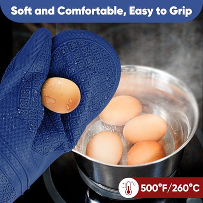 Silicone Oven Mitts, Heat Resistant Oven Gloves with Quilted Liner, Waterproof & Non-Slip Kitchen Mittens for Baking Cooking BBQ, 500°F, 12.5"-Madnight Blue - color: Madnight Blue