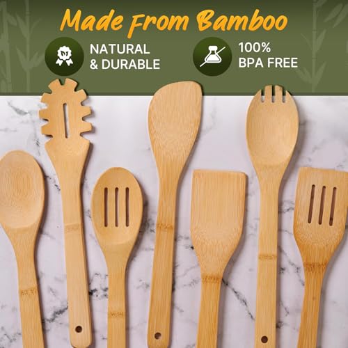 Wooden Utensil Set, Bamboo Utensils – 7 PCs Wood Spoons for Cooking | Lightweight, Easy to Clean, Sturdy & Heat Resistant – Food-Safe, Multipurpose for Stirring & Serving - size: 7 Pieces