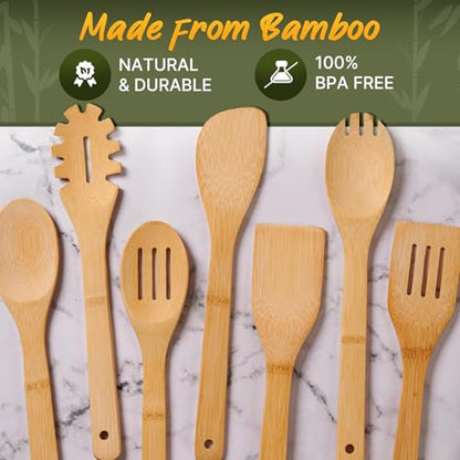 Wooden Utensil Set, Bamboo Utensils – 7 PCs Wood Spoons for Cooking | Lightweight, Easy to Clean, Sturdy & Heat Resistant – Food-Safe, Multipurpose for Stirring & Serving - size: 7 Pieces