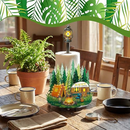 Camping Paper Towel Holder Let's Go Camping Kitchen Bathroom Decor Vbs Decorations Rustic Campfire Tent Camper Paper Stand with Round Base for Countertop Home Accessories - style: Camping