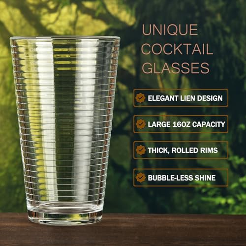 ALINK 16 oz Drinking Glasses, Set of 6 Highball Glasses, Ribbed Glassware Glass Cups, Water Glasses for Beer, Iced Coffee Cups, Cocktail Glasses, Wine, Iced Tea, Dishwasher Safe - style: Ribbed Design