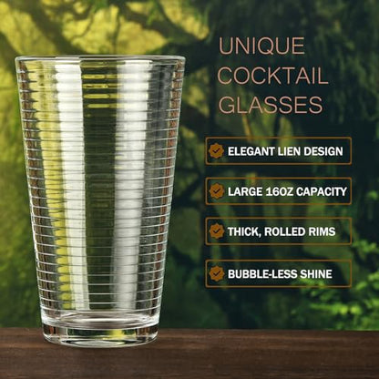 ALINK 16 oz Drinking Glasses, Set of 6 Highball Glasses, Ribbed Glassware Glass Cups, Water Glasses for Beer, Iced Coffee Cups, Cocktail Glasses, Wine, Iced Tea, Dishwasher Safe - style: Ribbed Design