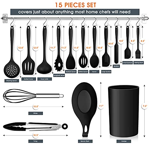 Kitchen Utensils Set, E-far 15-Piece Silicone Cooking Utensils with Holder, Non-stick Cookware Friendly & Heat Resistant, Includes Ladle Spatula Spoon Slotted Turner for Cooking & Baking (Black) - color: Black